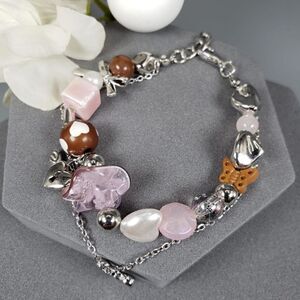 Brand New Silver Pink Stone With Pearl Heart Bracelet
